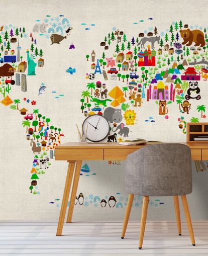 mural de parede colorido do mapa-múndi de animais chamado Animal Map Of The World II, de Michael Tompsett, para quartos infantis mural de parede colorido do mapa-múndi de animais chamado Animal Map Of The World II, de Michael Tompsett, para quartos infantis