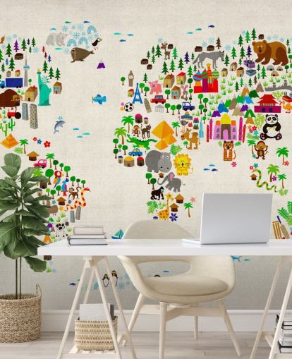 colorful animal world map wall mural called Animal Map Of The World II by Michael Tompsett for children's bedrooms colorful animal world map wall mural called Animal Map Of The World II by Michael Tompsett for children's bedrooms