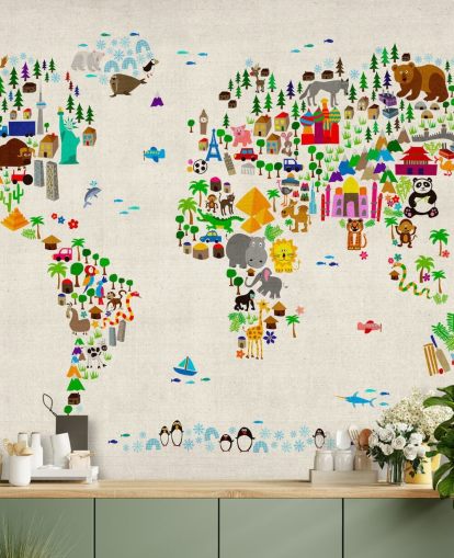 colorful animal world map wall mural called Animal Map Of The World II by Michael Tompsett for children's bedrooms colorful animal world map wall mural called Animal Map Of The World II by Michael Tompsett for children's bedrooms