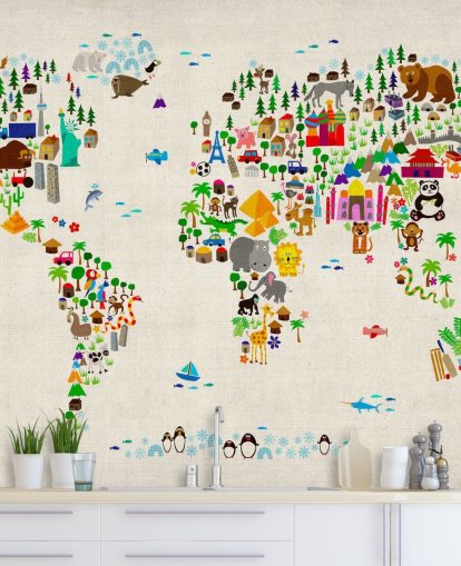 mural de pared colorido con un mapa del mundo de animales llamado Animal Map Of The World II de Michael Tompsett para dormitorios de niños