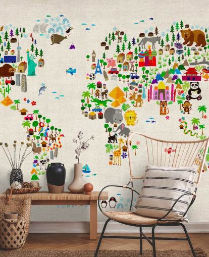 mural de pared colorido con un mapa del mundo de animales llamado Animal Map Of The World II de Michael Tompsett para dormitorios de niños