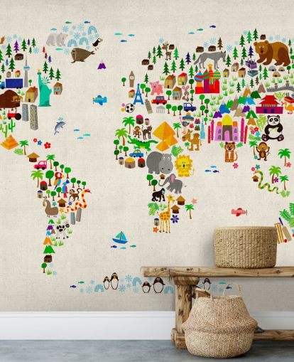 colorful animal world map wall mural called Animal Map Of The World II by Michael Tompsett for children's bedrooms colorful animal world map wall mural called Animal Map Of The World II by Michael Tompsett for children's bedrooms