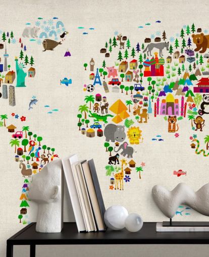 farverigt dyreverdenskort vægmaleri kaldet Animal Map Of The World II af Michael Tompsett til børns soveværelser
