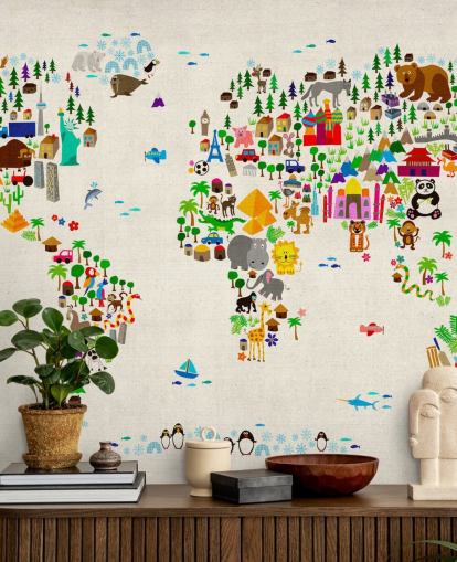 colorful animal world map wall mural called Animal Map Of The World II by Michael Tompsett for children's bedrooms
