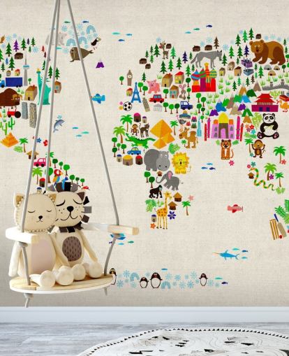 murale colorato con mappa del mondo animale chiamata Animal Map Of The World II di Michael Tompsett per le camerette dei bambini