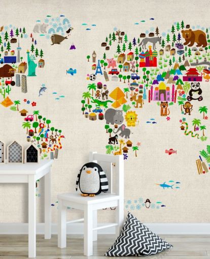 murale colorato con mappa del mondo animale chiamata Animal Map Of The World II di Michael Tompsett per le camerette dei bambini