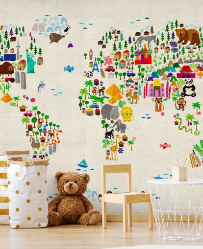 mural de parede colorido do mapa-múndi de animais chamado Animal Map Of The World II, de Michael Tompsett, para quartos infantis