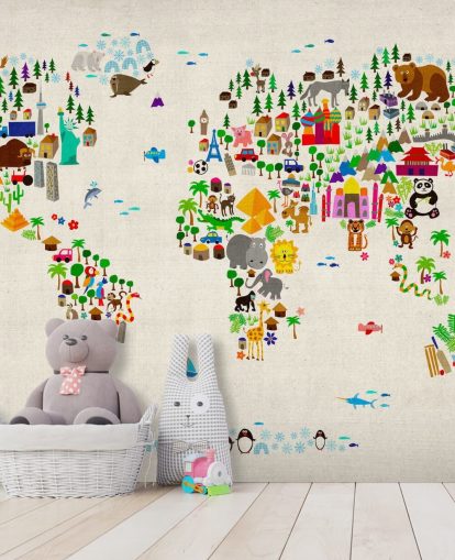 Buntes Wandbild mit Tierweltkarte namens Animal Map Of The World II von Michael Tompsett für Kinderzimmer Buntes Wandbild mit Tierweltkarte namens Animal Map Of The World II von Michael Tompsett für Kinderzimmer