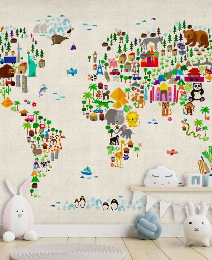 färgstark djurvärldskarta väggmålning kallad Animal Map Of The World II av Michael Tompsett för barnens sovrum