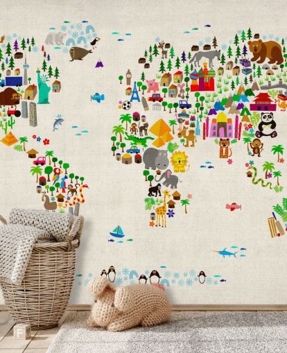 colourful animal world map wall mural called Animal Map Of The World II by Michael Tompsett for children's bedrooms