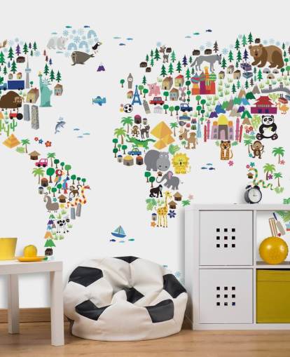 Muurschildering Dierenkaart van de Wereld