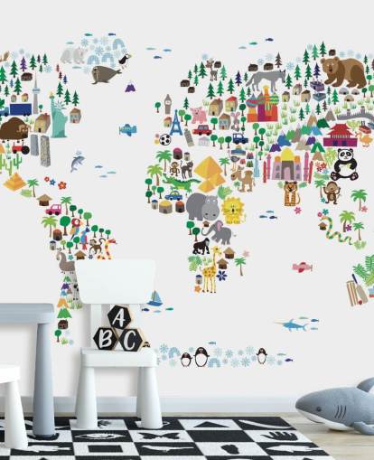 Animal Map of the World wallpaper mural
