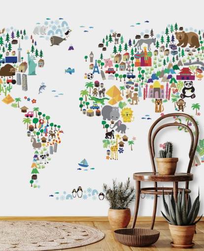 Animal Map of the World wallpaper mural