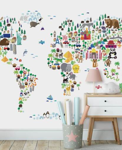 Animal Map of the World wallpaper mural