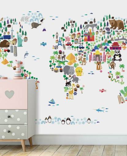 Animal Map of the World wallpaper mural