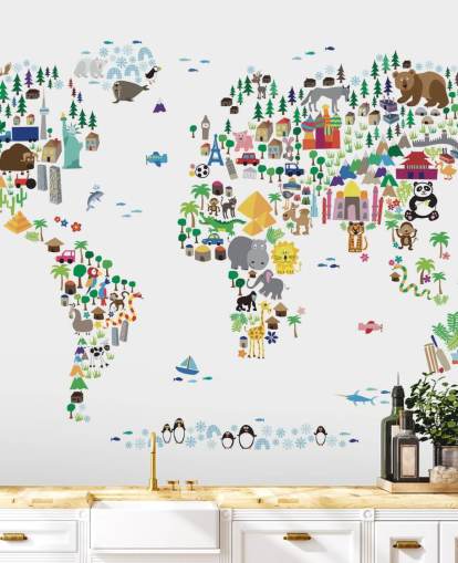 Animal Map of the World wallpaper mural
