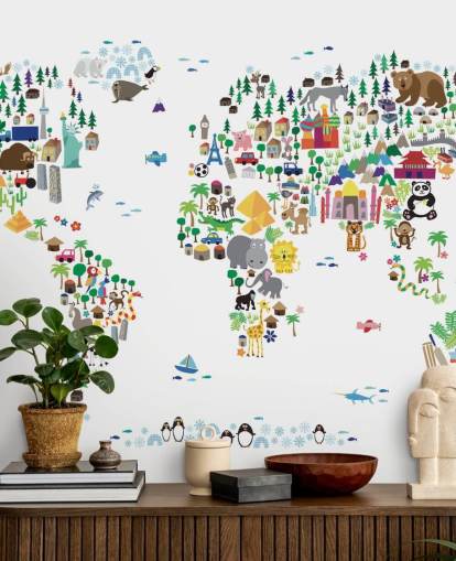 Animal Map of the World wallpaper mural