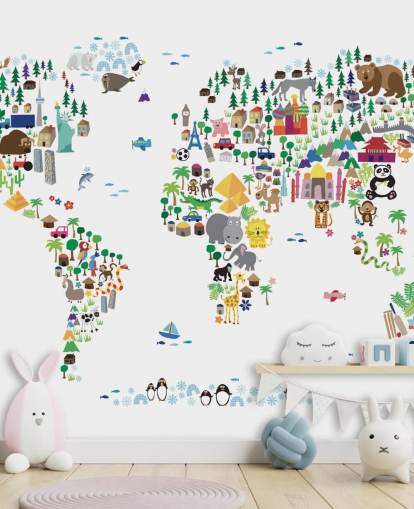 Muurschildering Dierenkaart van de Wereld
