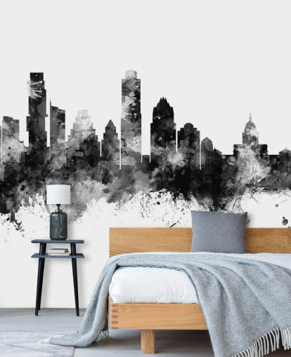 Austin, Texas Skyline mural in black and white