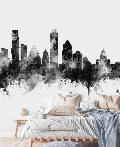Austin, Texas Skyline mural in black and white
