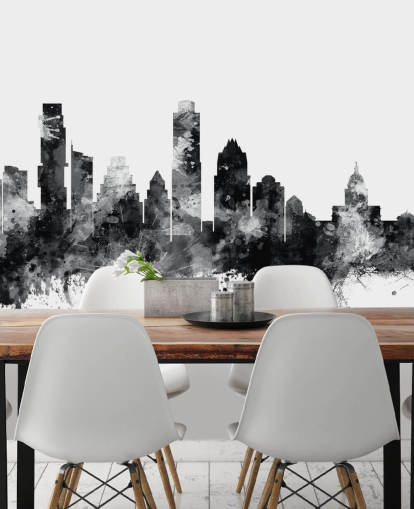 Austin, Texas Skyline mural in black and white