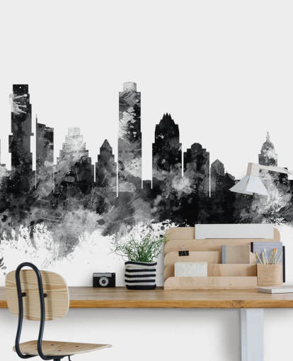 Austin, Texas Skyline mural in black and white