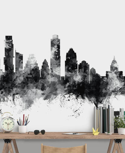 Austin, Texas Skyline mural in black and white