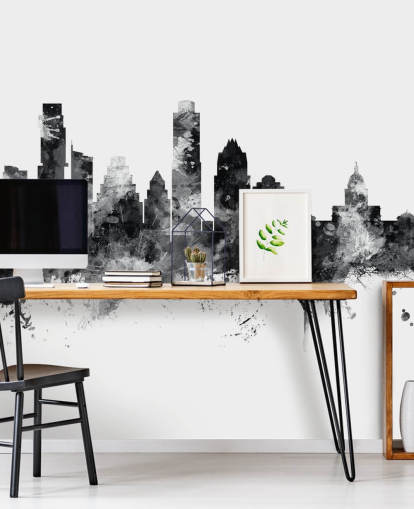 Austin, Texas Skyline mural in black and white