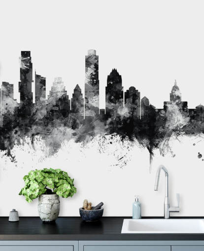Austin, Texas Skyline mural in black and white