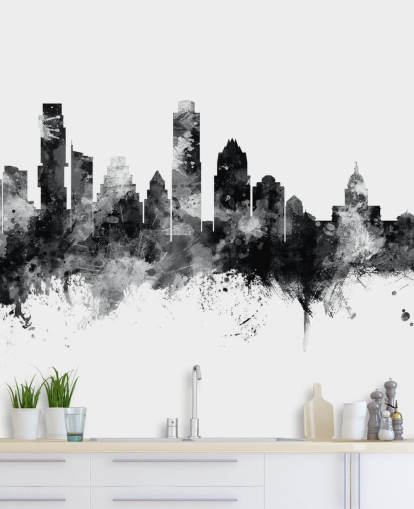 Mural Skyline de Austin, Texas, em preto e branco Mural Skyline de Austin, Texas, em preto e branco