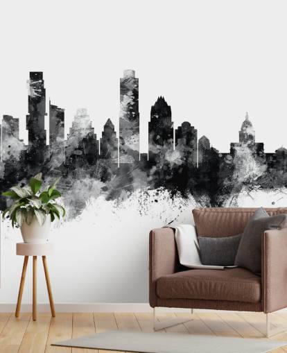 Austin, Texas Skyline muurschildering in zwart-wit