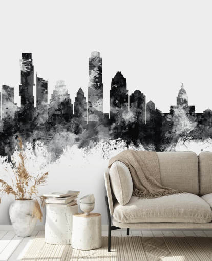 Mural Skyline de Austin, Texas, em preto e branco