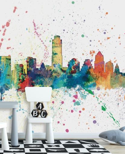 murale con skyline di Austin Texas con schizzi di vernice murale con skyline di Austin Texas con schizzi di vernice