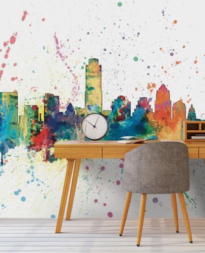 austin texas skyline muurschildering met verfspetter