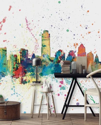 murale con skyline di Austin Texas con schizzi di vernice