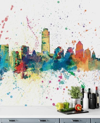 murale con skyline di Austin Texas con schizzi di vernice murale con skyline di Austin Texas con schizzi di vernice