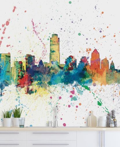 austin texas skyline muurschildering met verfspetter