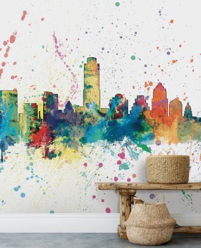 murale con skyline di Austin Texas con schizzi di vernice