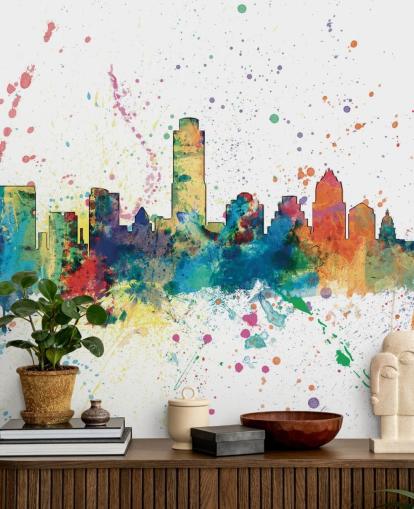 murale con skyline di Austin Texas con schizzi di vernice