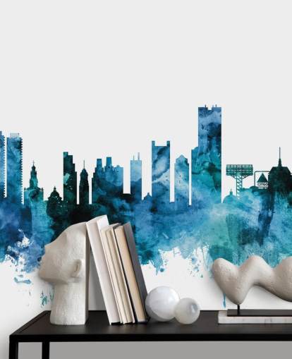 Boston, Massachusetts blå skyline veggmaleri Boston, Massachusetts blå skyline veggmaleri
