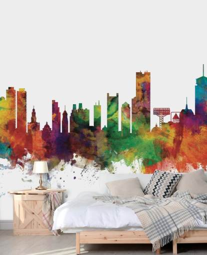 Fotobehang kleurrijke abstracte skyline van Boston, Massachusetts Fotobehang kleurrijke abstracte skyline van Boston, Massachusetts