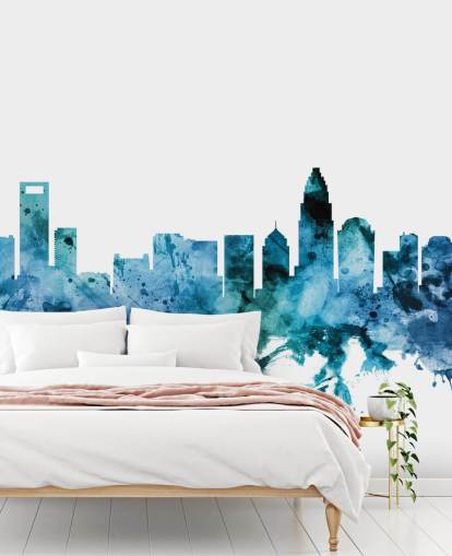 Muurschildering met blauwe skyline in Charlotte, North Carolina