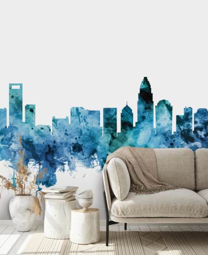 Muurschildering met blauwe skyline in Charlotte, North Carolina