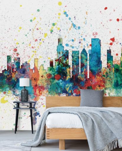 Decorazione murale con skyline di Chicago con effetto schizzi di vernice