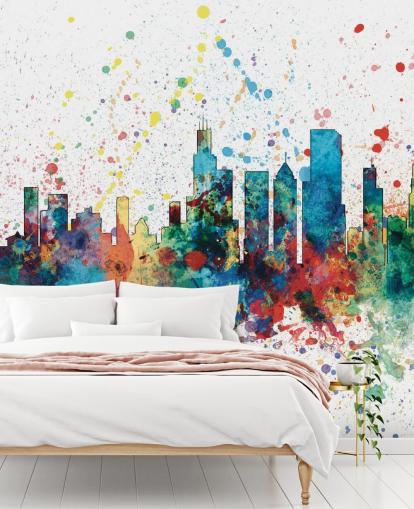 Decorazione murale con skyline di Chicago con effetto schizzi di vernice Decorazione murale con skyline di Chicago con effetto schizzi di vernice