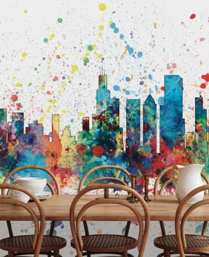 Chicago skyline wall mural with paint splatter effect