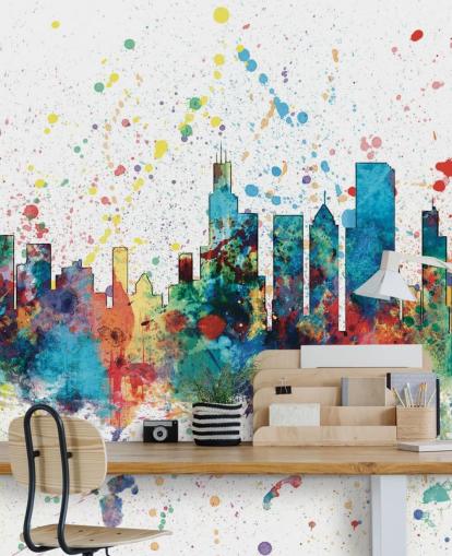 Wandbild der Skyline von Chicago mit Farbspritzereffekt
