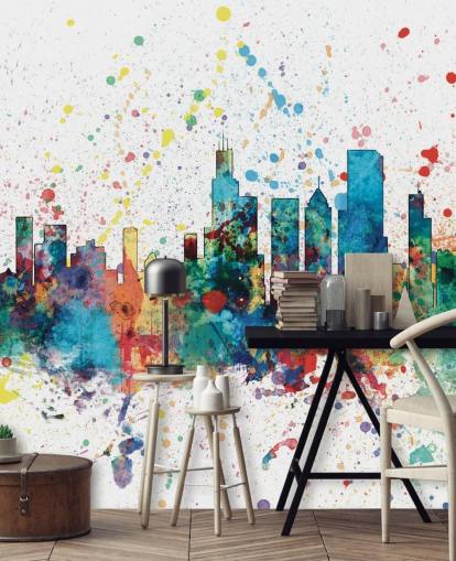 Chicago skyline wall mural with paint splatter effect