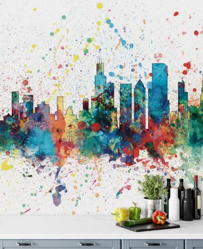 Muurschildering van de skyline van Chicago met verfspettereffect