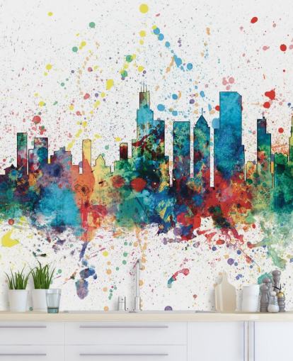 Muurschildering van de skyline van Chicago met verfspettereffect